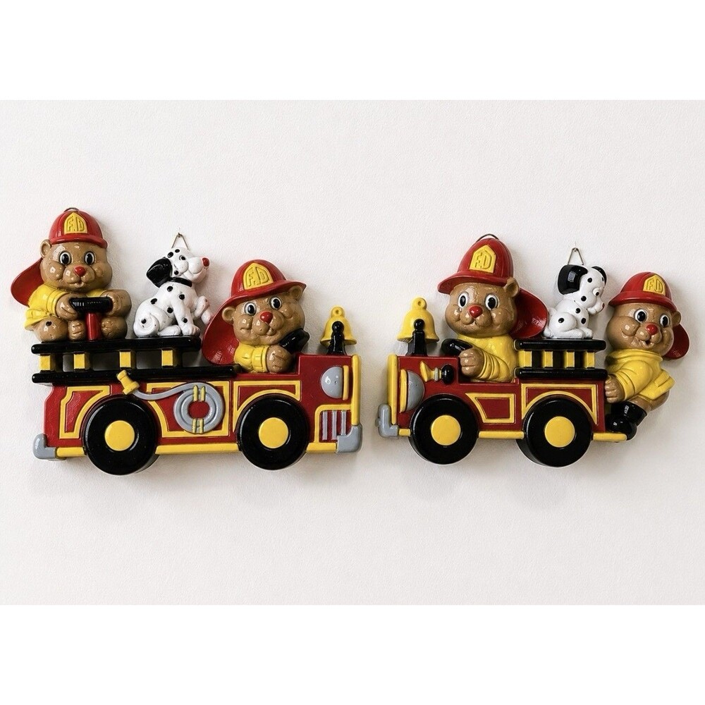 Vintage 1990 Homco Fire Truck Wall Plaques Teddy Bear Dalmatian Set USA